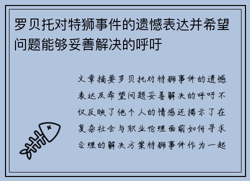 罗贝托对特狮事件的遗憾表达并希望问题能够妥善解决的呼吁
