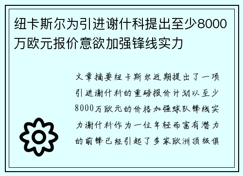 纽卡斯尔为引进谢什科提出至少8000万欧元报价意欲加强锋线实力